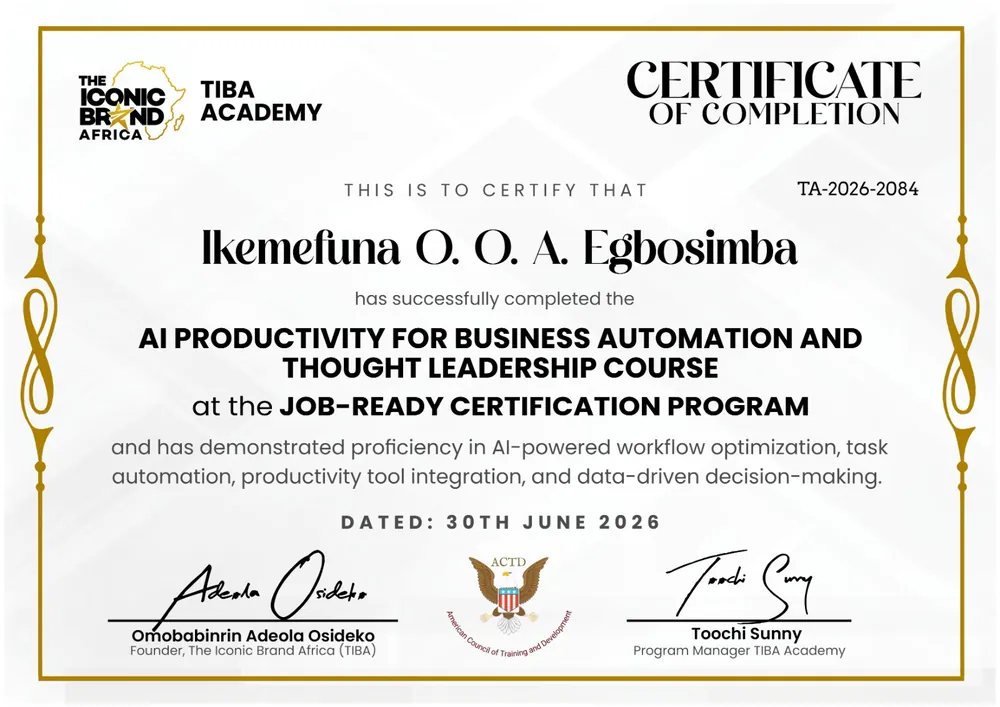 TIBA Academy AI Productivity for Business Automation certificate