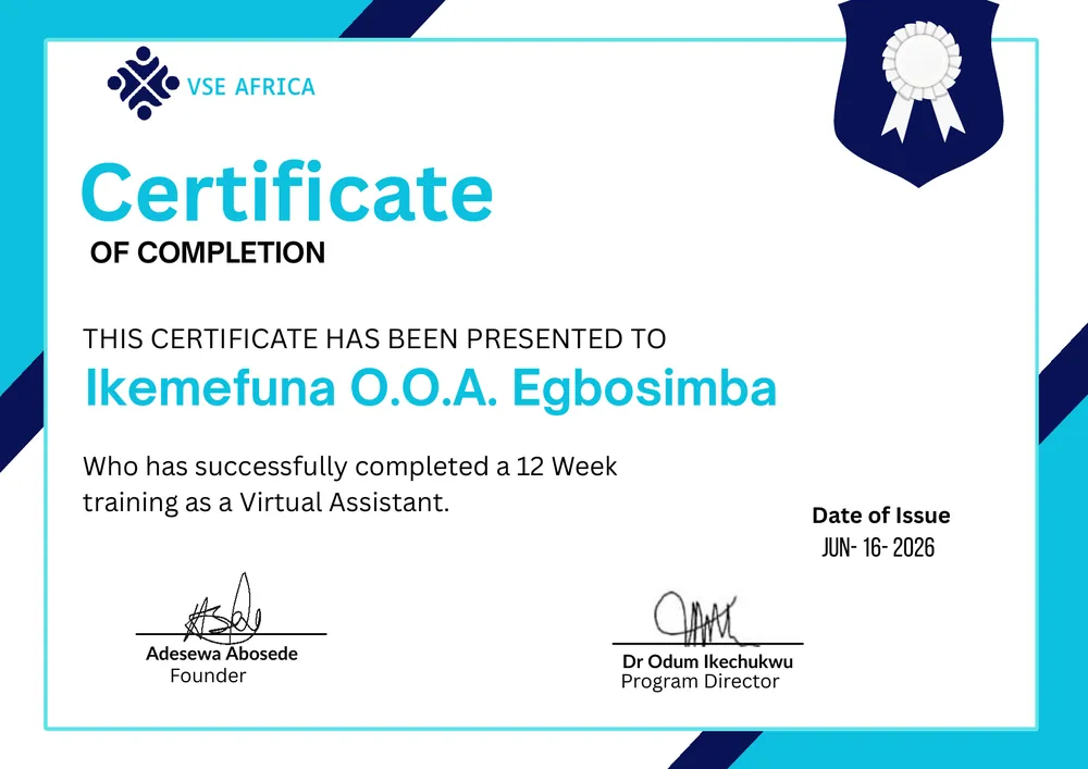 VSE Africa 12-week Virtual Assistant training certificate