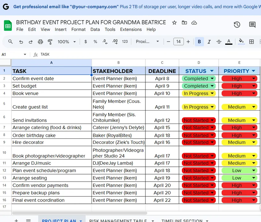 Project tracker with tasks, stakeholders, deadlines, status and priority