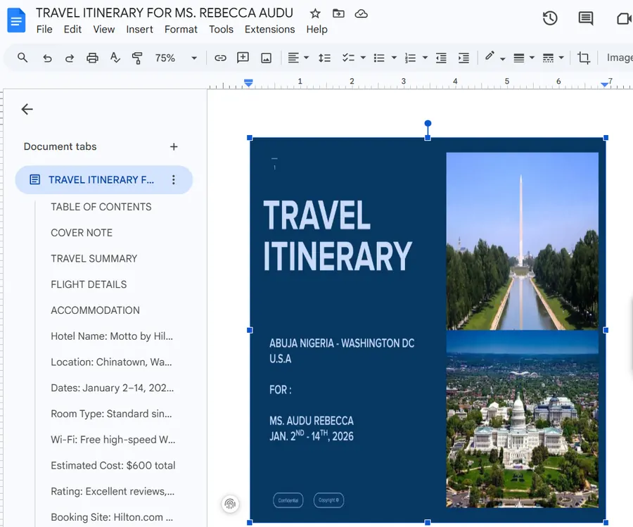 Detailed travel itinerary document